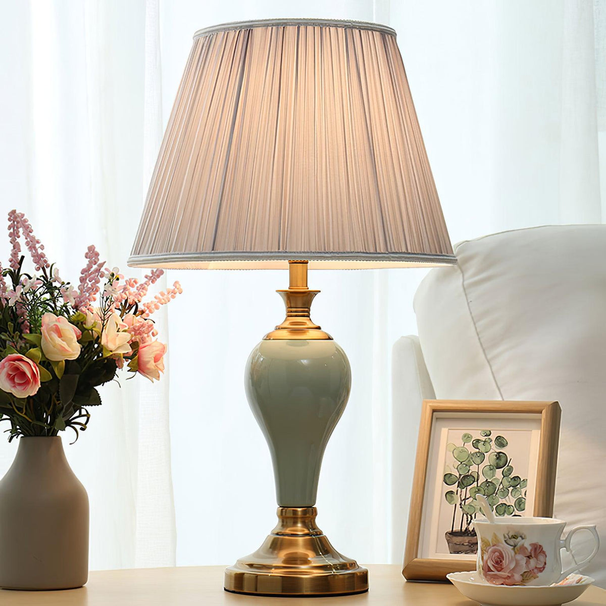 Chaslyn Desk Lamp – Blue Ceramic & Brass Table Lamp with Beige Fabric Shade