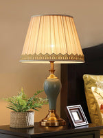 Chaslyn Desk Lamp – Blue Ceramic & Brass Table Lamp with Beige Fabric Shade