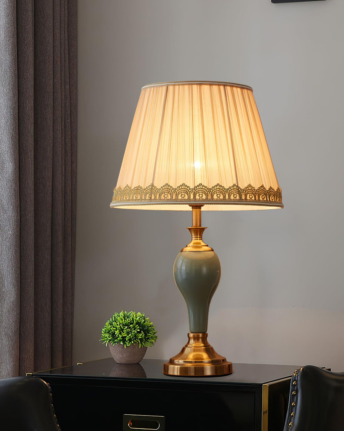 Chaslyn Desk Lamp – Blue Ceramic & Brass Table Lamp with Beige Fabric Shade