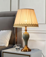 Chaslyn Desk Lamp – Blue Ceramic & Brass Table Lamp with Beige Fabric Shade