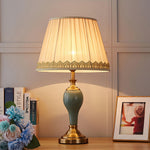 Chaslyn Desk Lamp – Blue Ceramic & Brass Table Lamp with Beige Fabric Shade