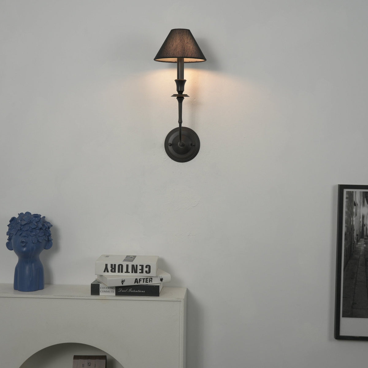 Chester Wall Sconce – Modern Black Metal & Fabric Shade for Bedroom and Living Room