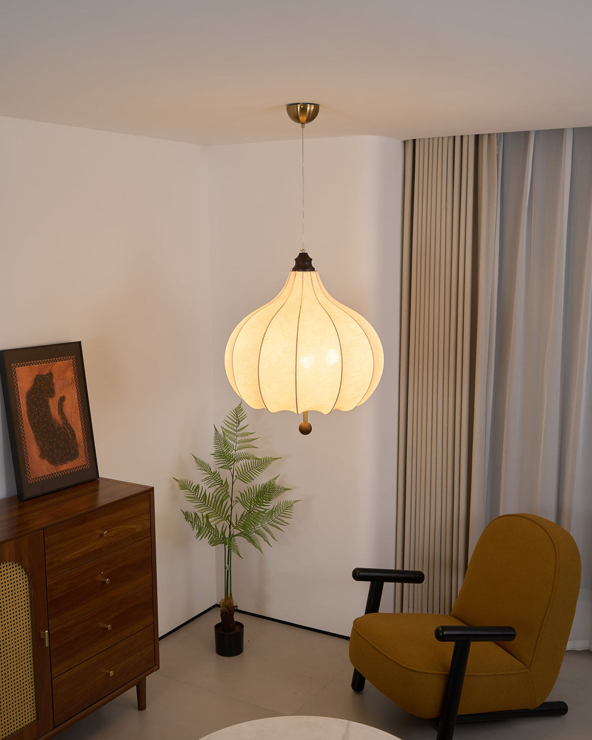 Chestnut Fabric Pendant Light – Warm Beige Shade with Walnut Accents for Living Spaces