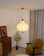 Chestnut Fabric Pendant Light – Warm Beige Shade with Walnut Accents for Living Spaces