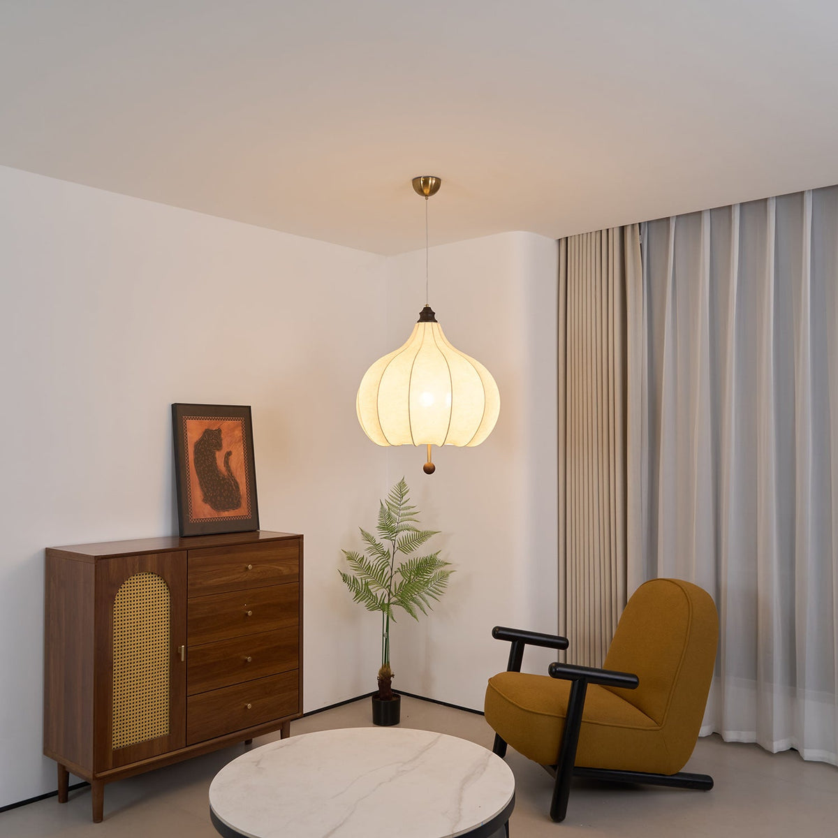Chestnut Fabric Pendant Light – Warm Beige Shade with Walnut Accents for Living Spaces