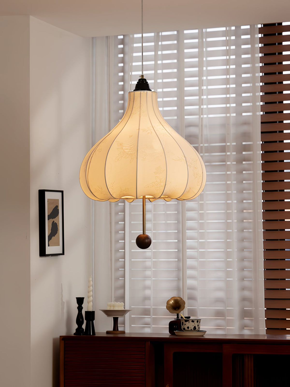 Chestnut Fabric Pendant Light – Warm Beige Shade with Walnut Accents for Living Spaces