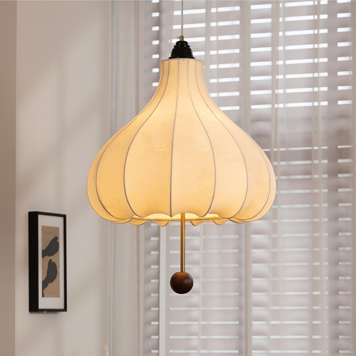 Chestnut Fabric Pendant Light – Warm Beige Shade with Walnut Accents for Living Spaces