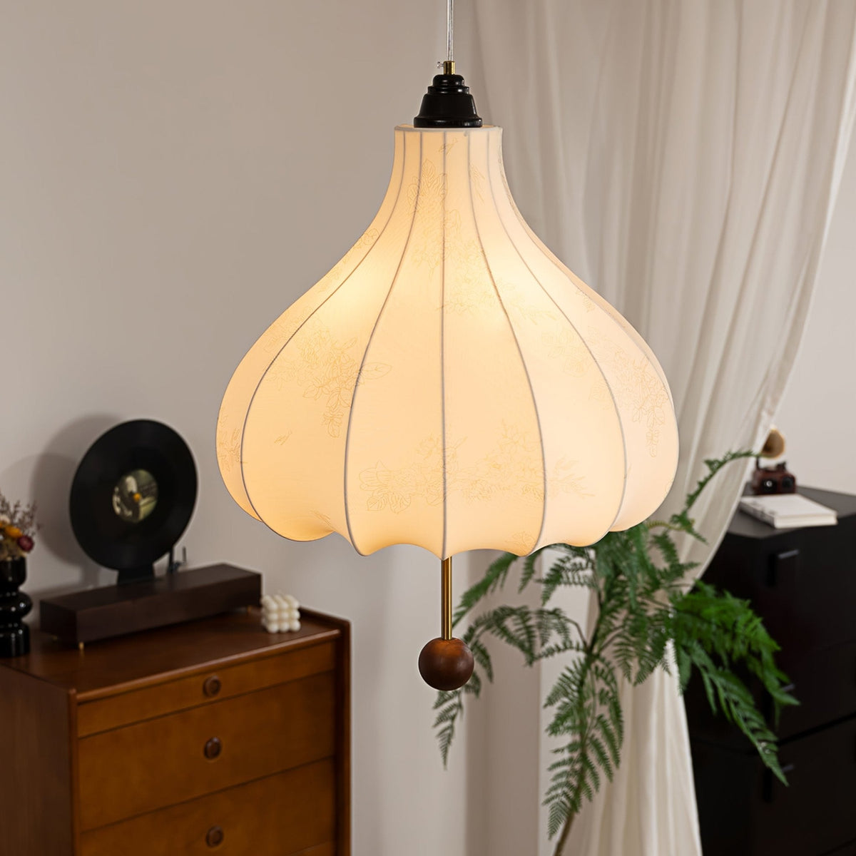 Chestnut Fabric Pendant Light – Warm Beige Shade with Walnut Accents for Living Spaces