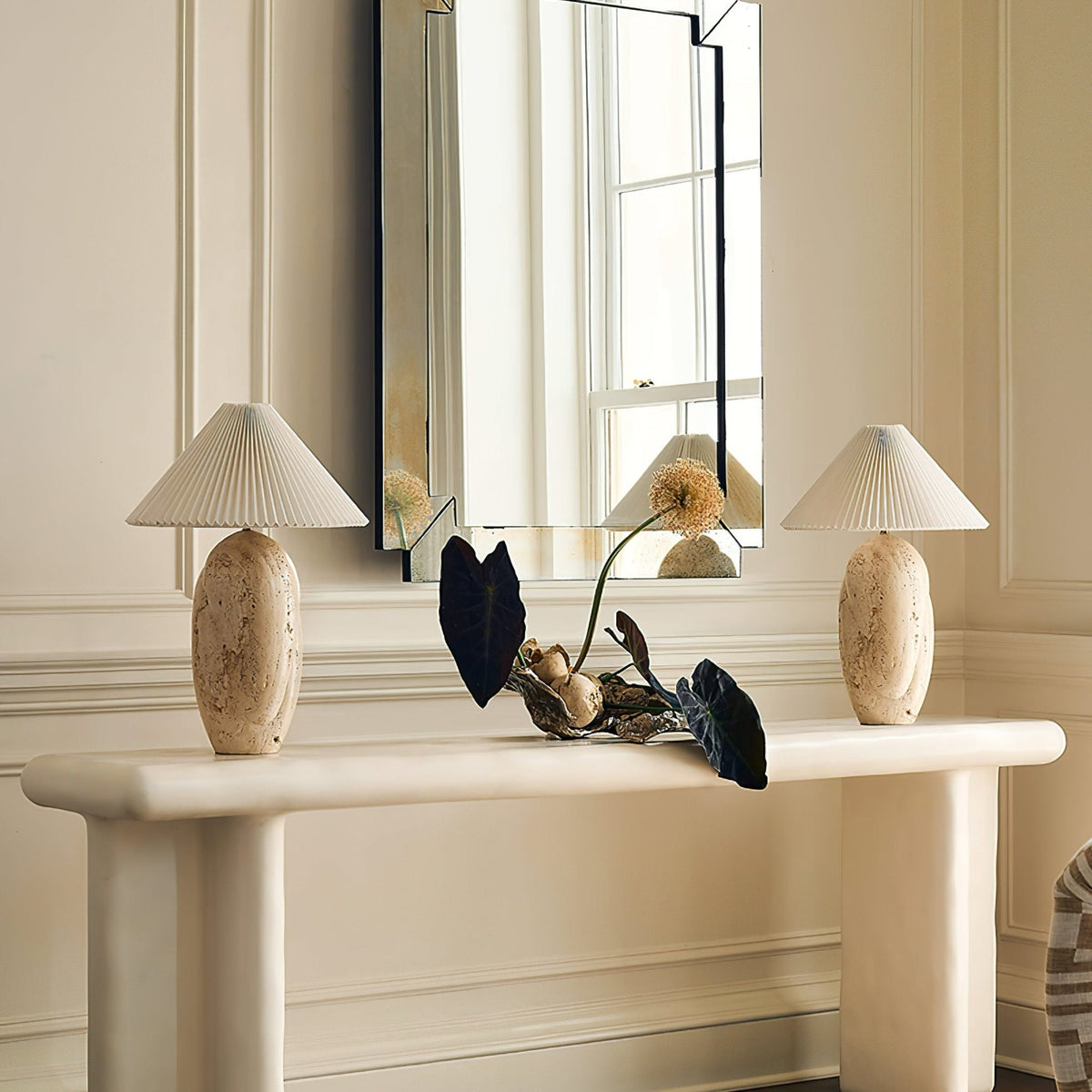 Cirra Sculptural Travertine Table Lamp with Linen Shade