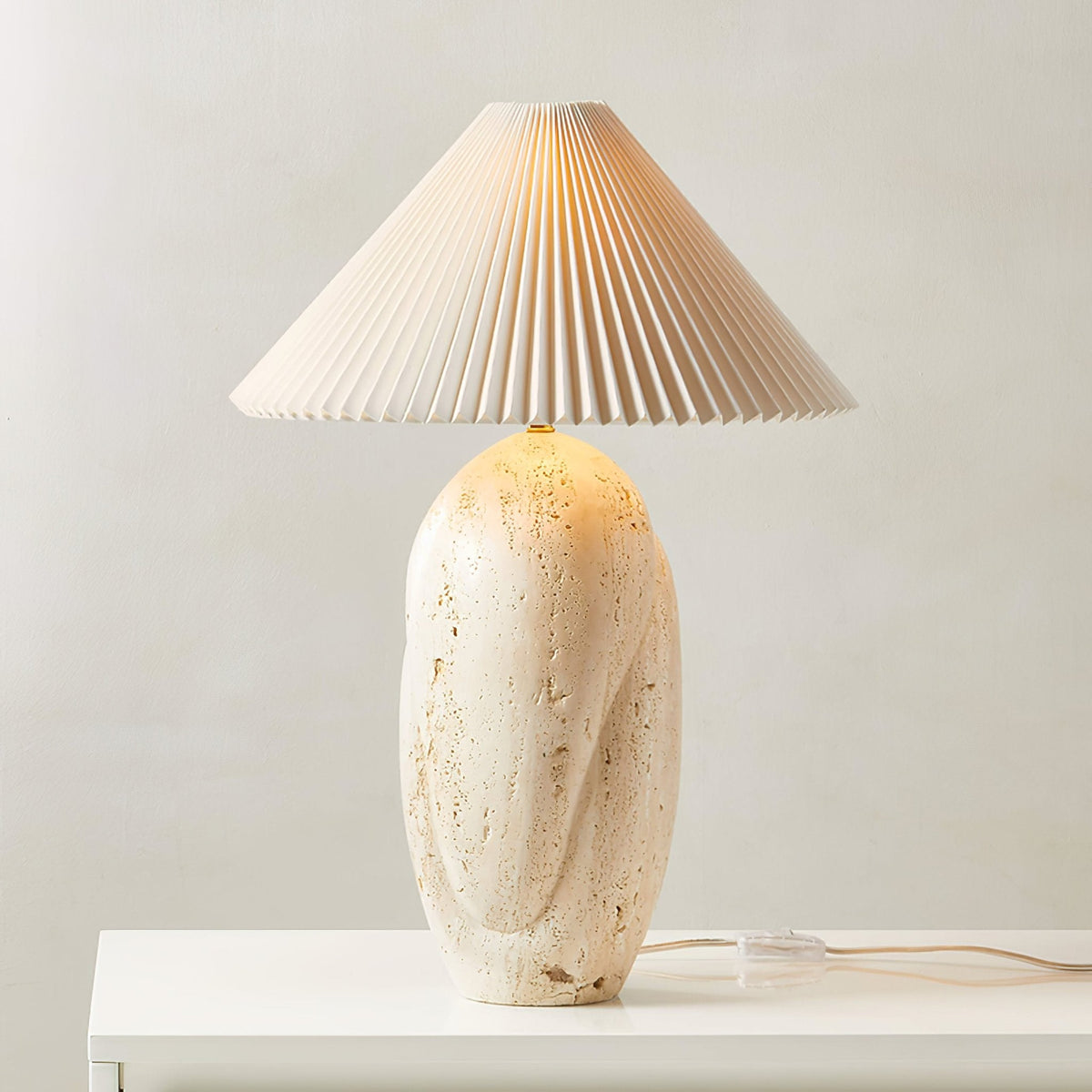 Cirra Sculptural Travertine Table Lamp with Linen Shade