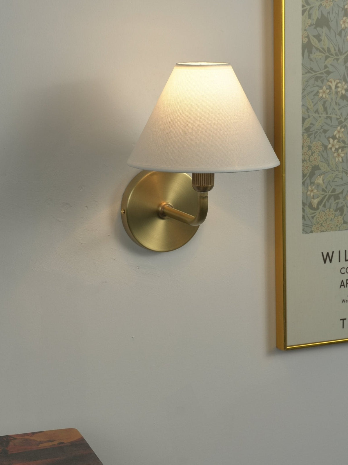 Clara Brass Wall Sconce – Elegant Fabric Shade for Bedroom & Living Room