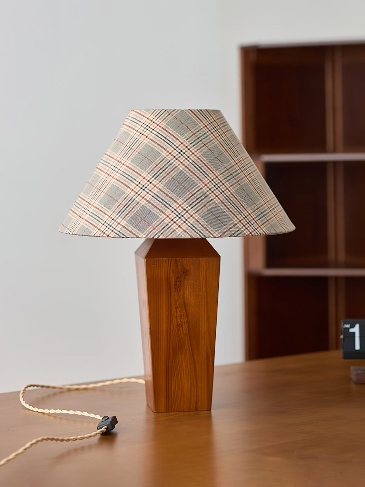 Claremont Plaid Table Lamp – Walnut Wood & Beige Fabric Shade