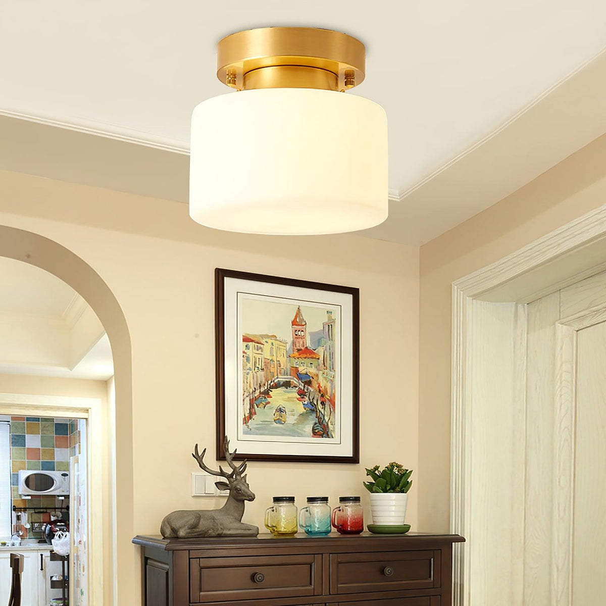 Clinio Flush Mount Ceiling Light in Brass and Opal Glass