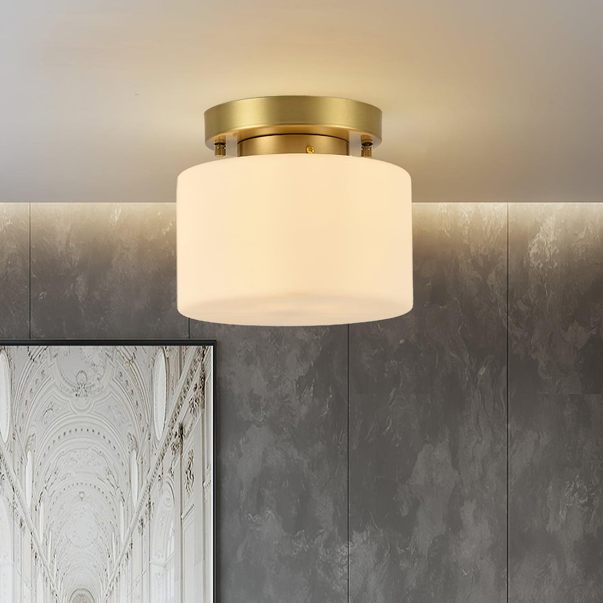 Clinio Flush Mount Ceiling Light in Brass and Opal Glass