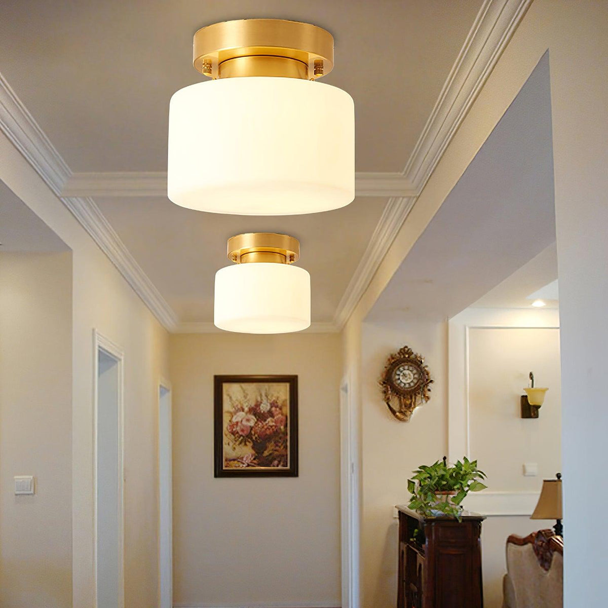 Clinio Flush Mount Ceiling Light in Brass and Opal Glass