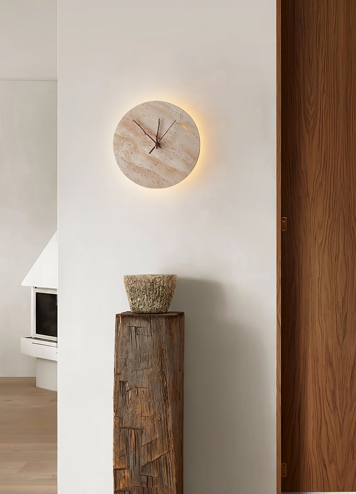 Travertine Wall Sconce with Integrated Clock – Modern Stone LED Wall Light