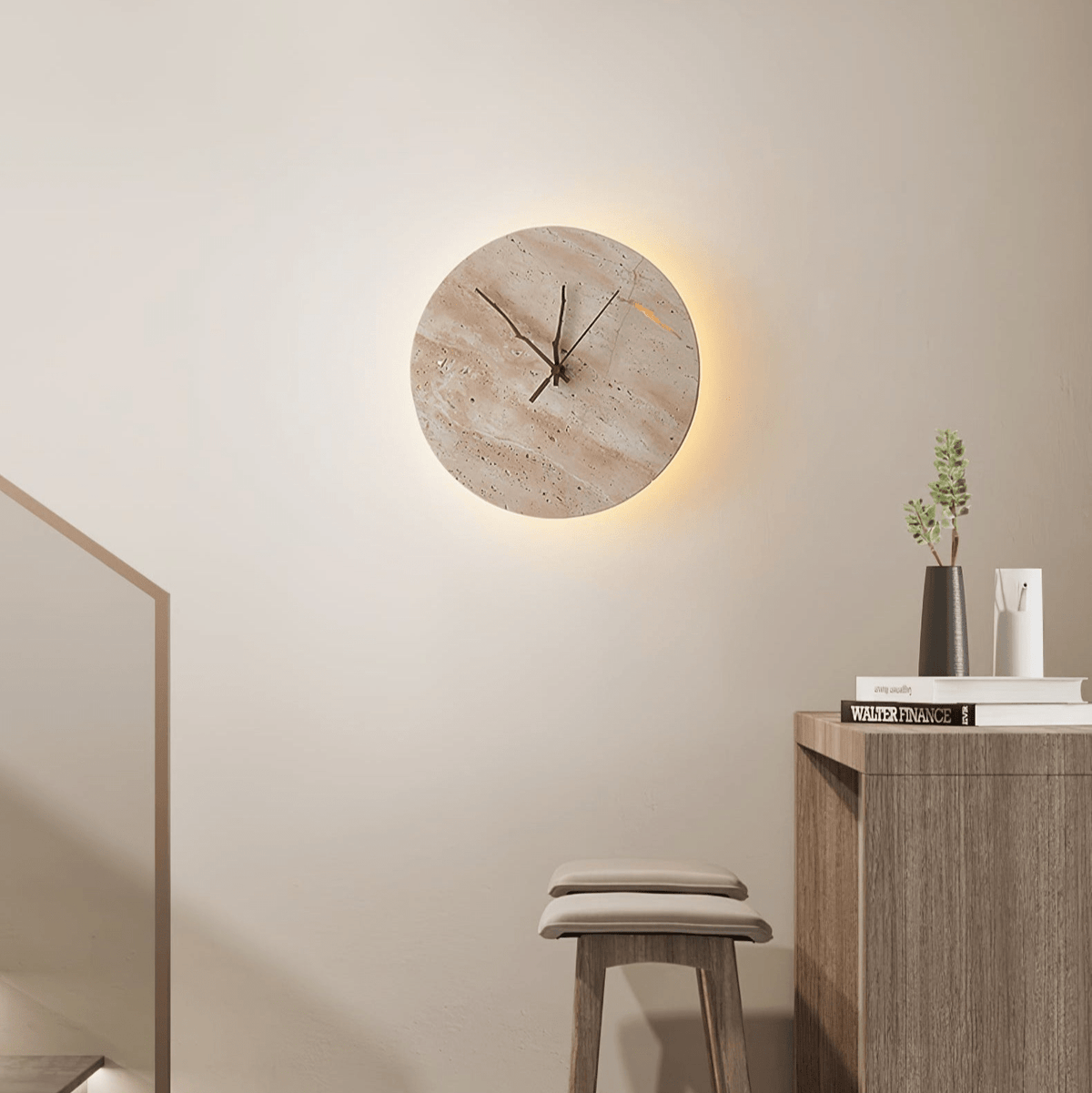 Travertine Wall Sconce with Integrated Clock – Modern Stone LED Wall Light