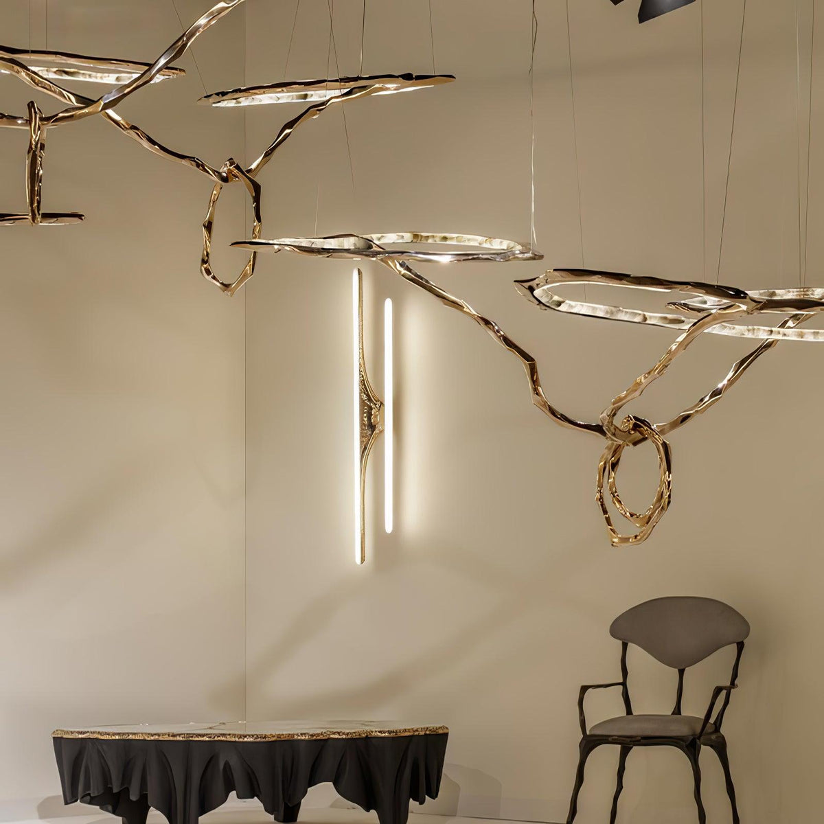 Cloud Rings Brass LED Chandelier, Modern Sculptural Pendant Light