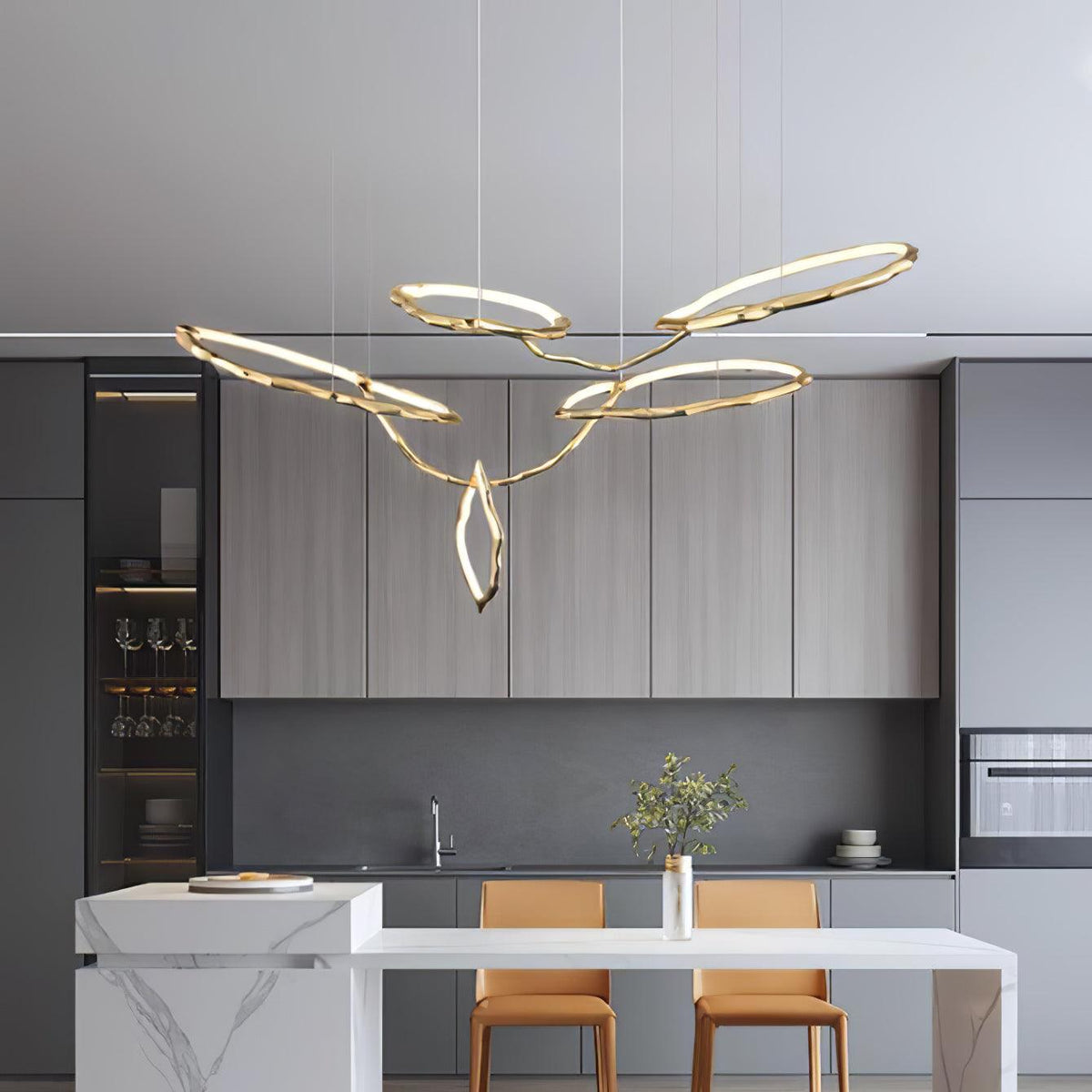 Cloud Rings Brass LED Chandelier, Modern Sculptural Pendant Light