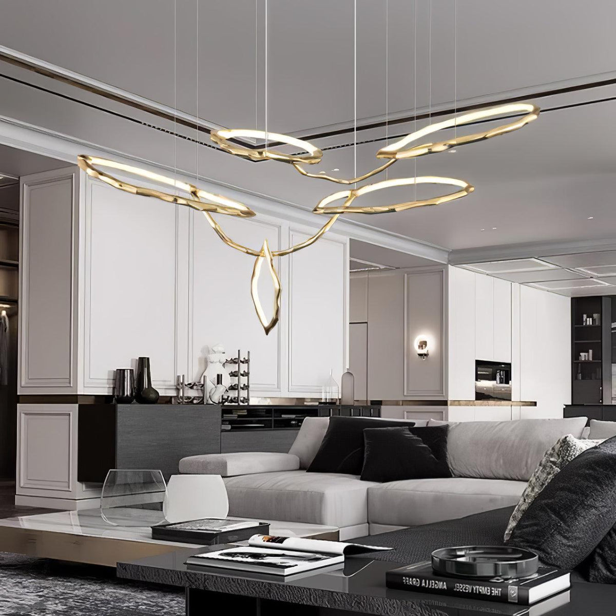Cloud Rings Brass LED Chandelier, Modern Sculptural Pendant Light