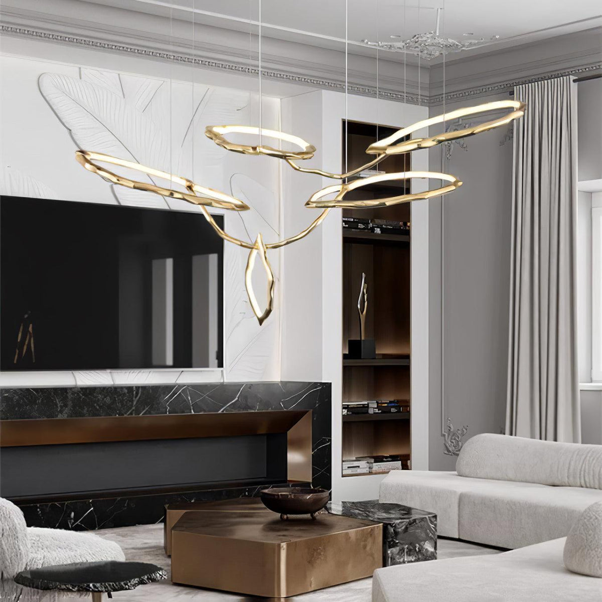 Cloud Rings Brass LED Chandelier, Modern Sculptural Pendant Light
