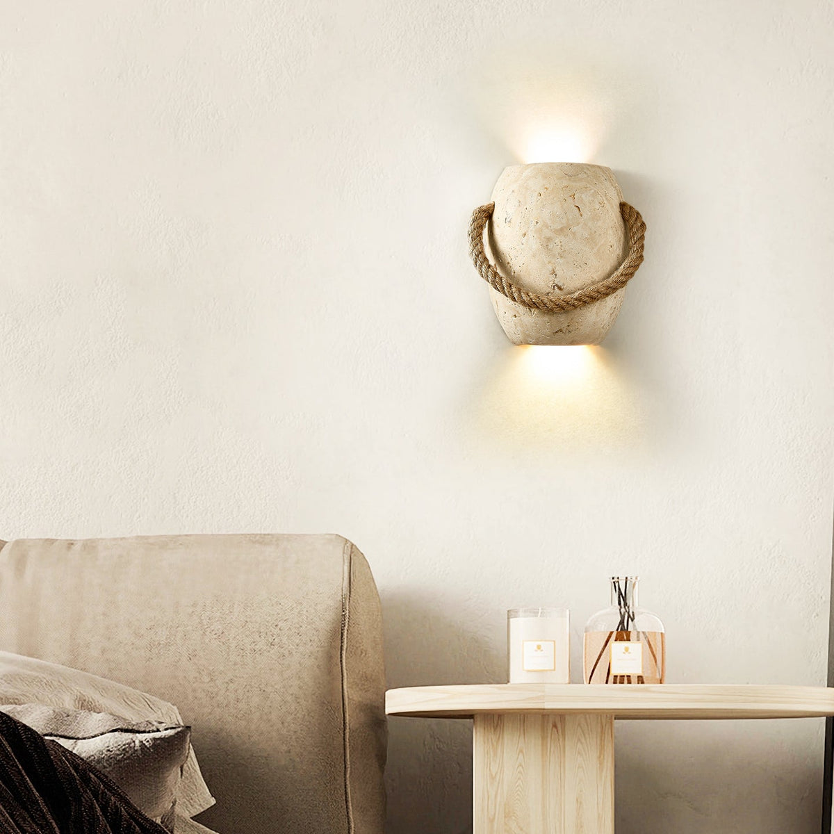 Artisan Travertine Wall Sconce with Hemp Rope Accent