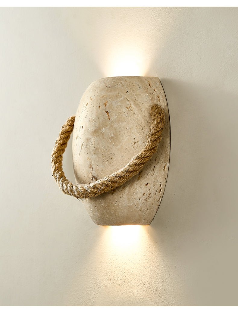 Artisan Travertine Wall Sconce with Hemp Rope Accent