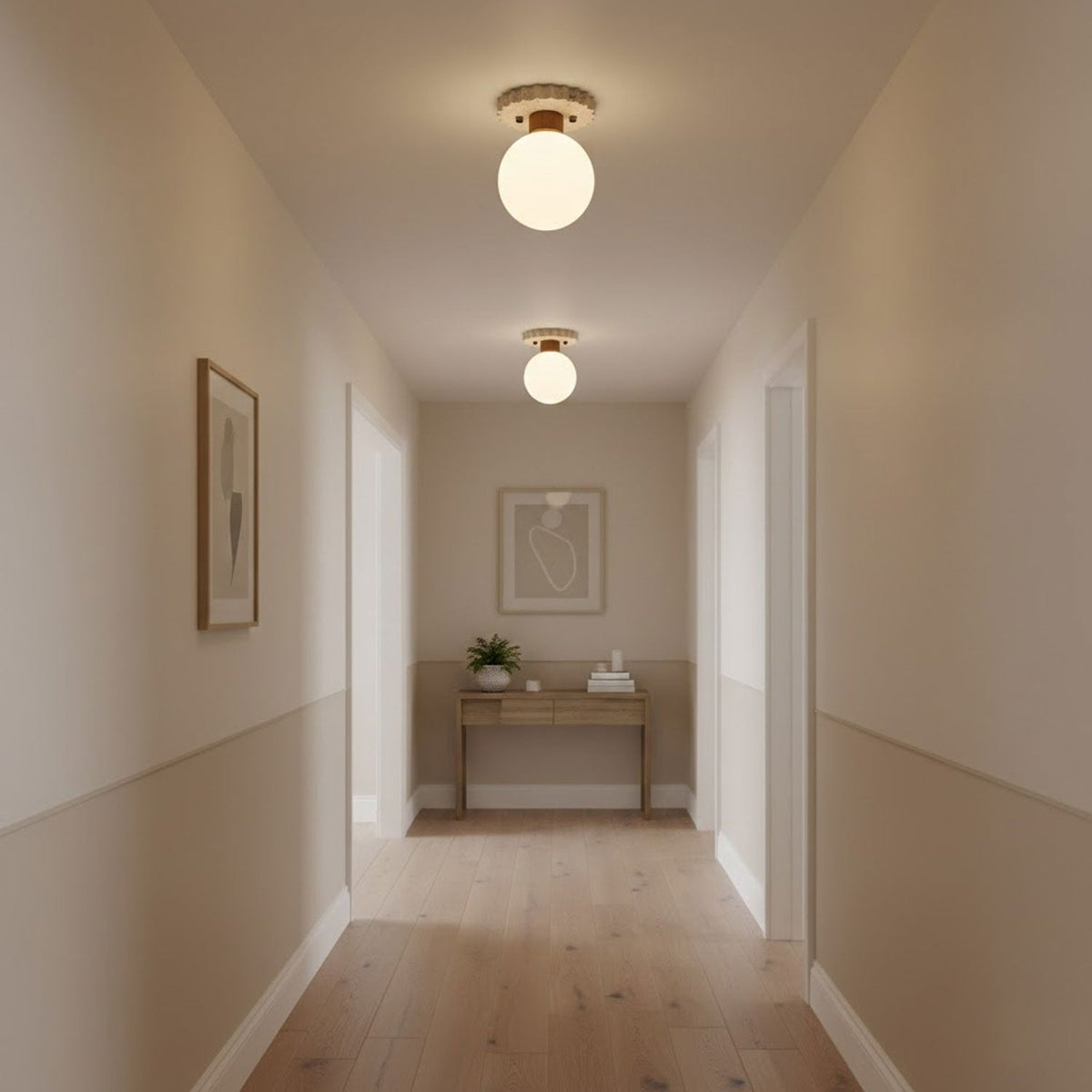 Cogstone Orb Ceiling Light in Travertine and Frosted Glass