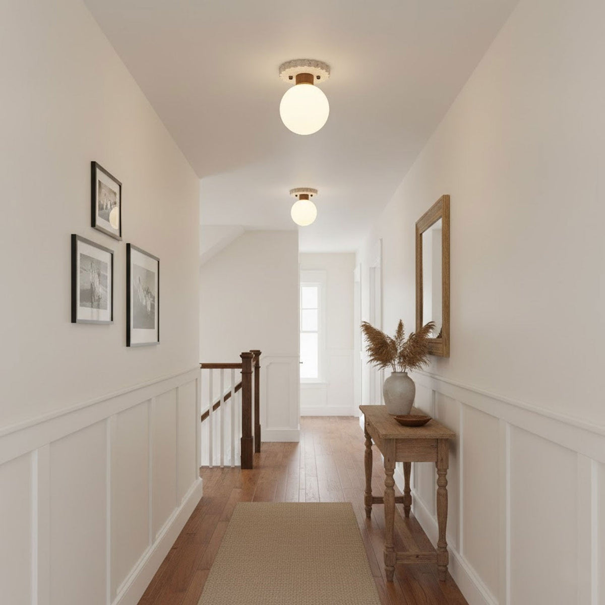 Cogstone Orb Ceiling Light in Travertine and Frosted Glass