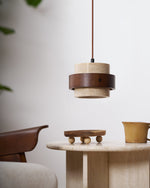 Stonova Pendant Light in Travertine and Walnut — Plug-In Swag Lamp