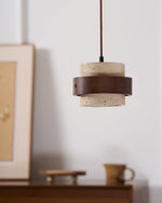 Stonova Pendant Light in Travertine and Walnut — Plug-In Swag Lamp