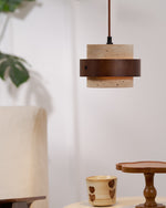 Stonova Pendant Light in Travertine and Walnut — Plug-In Swag Lamp