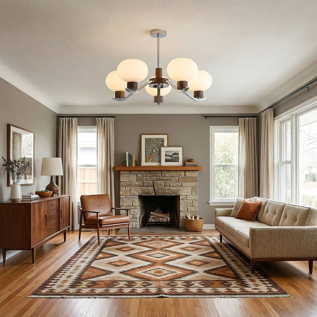 Colome Modern Glass Chandelier with Walnut Accents for Dining Room