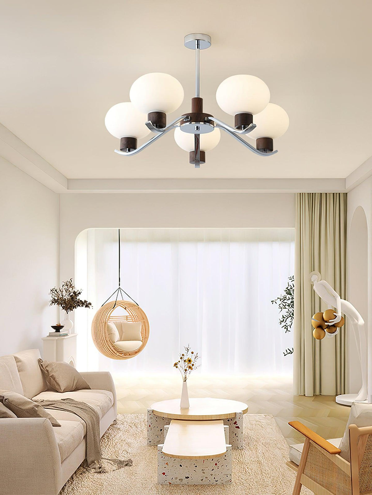 Colome Modern Glass Chandelier with Walnut Accents for Dining Room