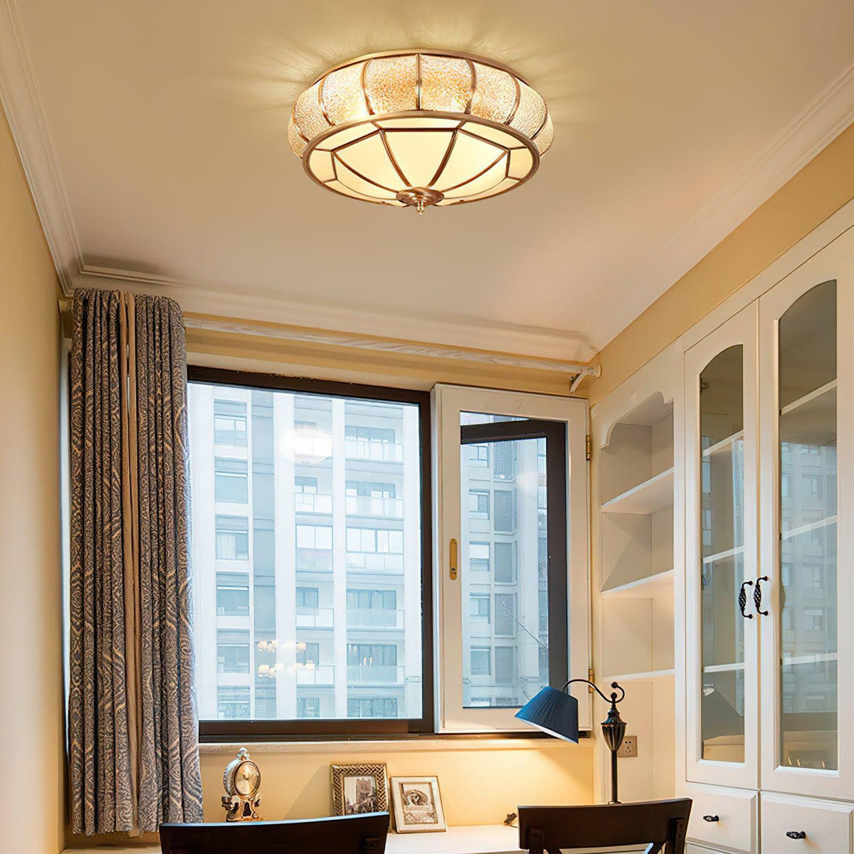 Colonial Glass Drum Flush Mount Ceiling Light in Brass