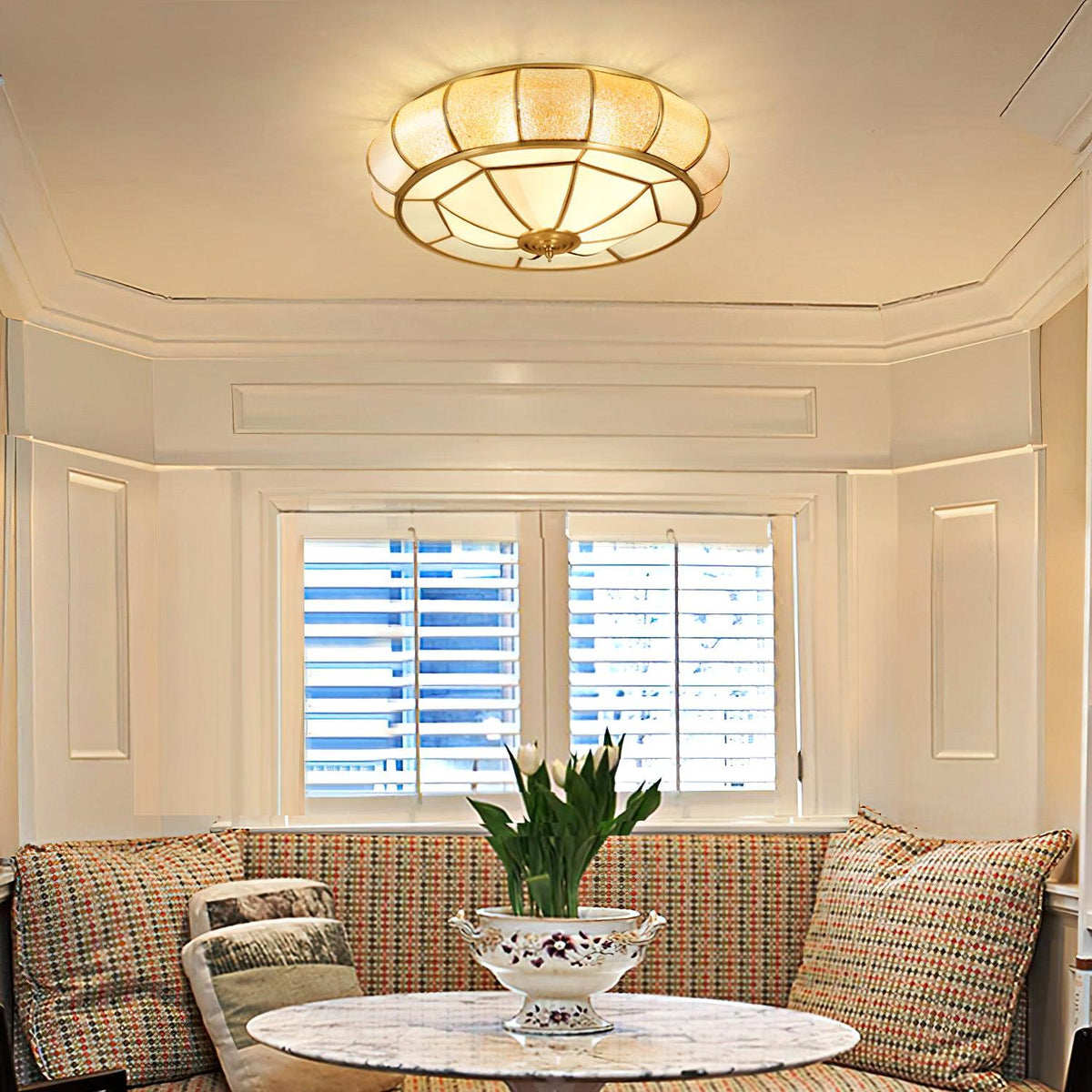 Colonial Glass Drum Flush Mount Ceiling Light in Brass