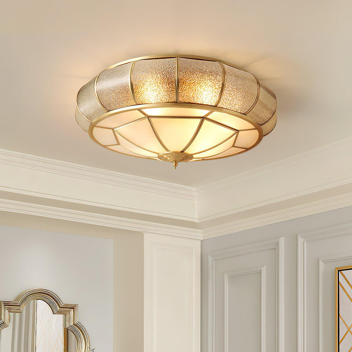 Colonial Glass Drum Flush Mount Ceiling Light in Brass