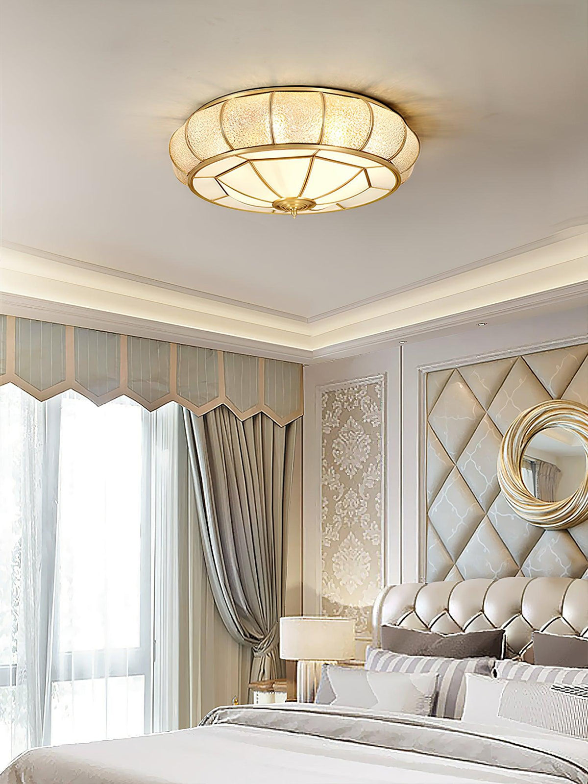 Colonial Glass Drum Flush Mount Ceiling Light in Brass