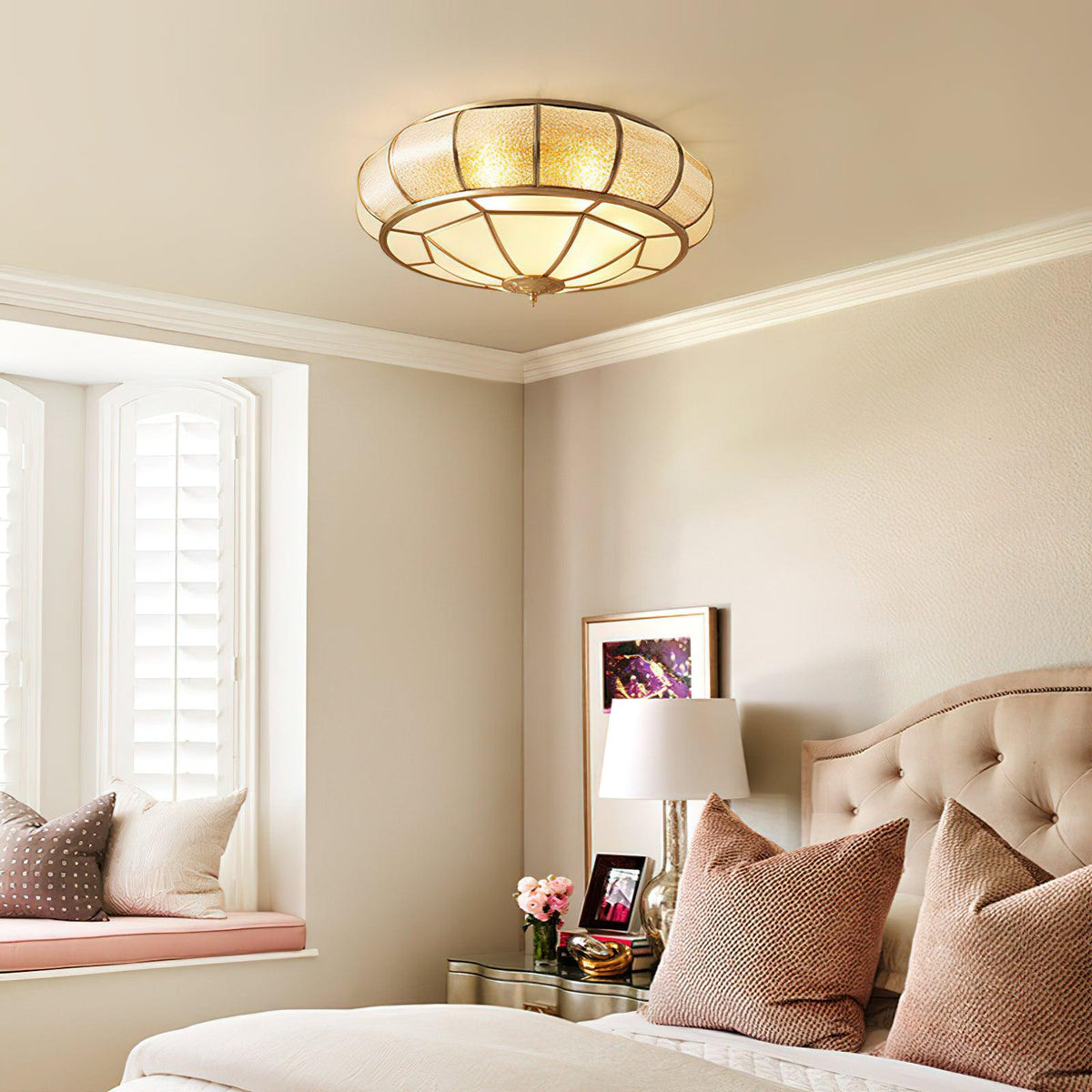 Colonial Glass Drum Flush Mount Ceiling Light in Brass