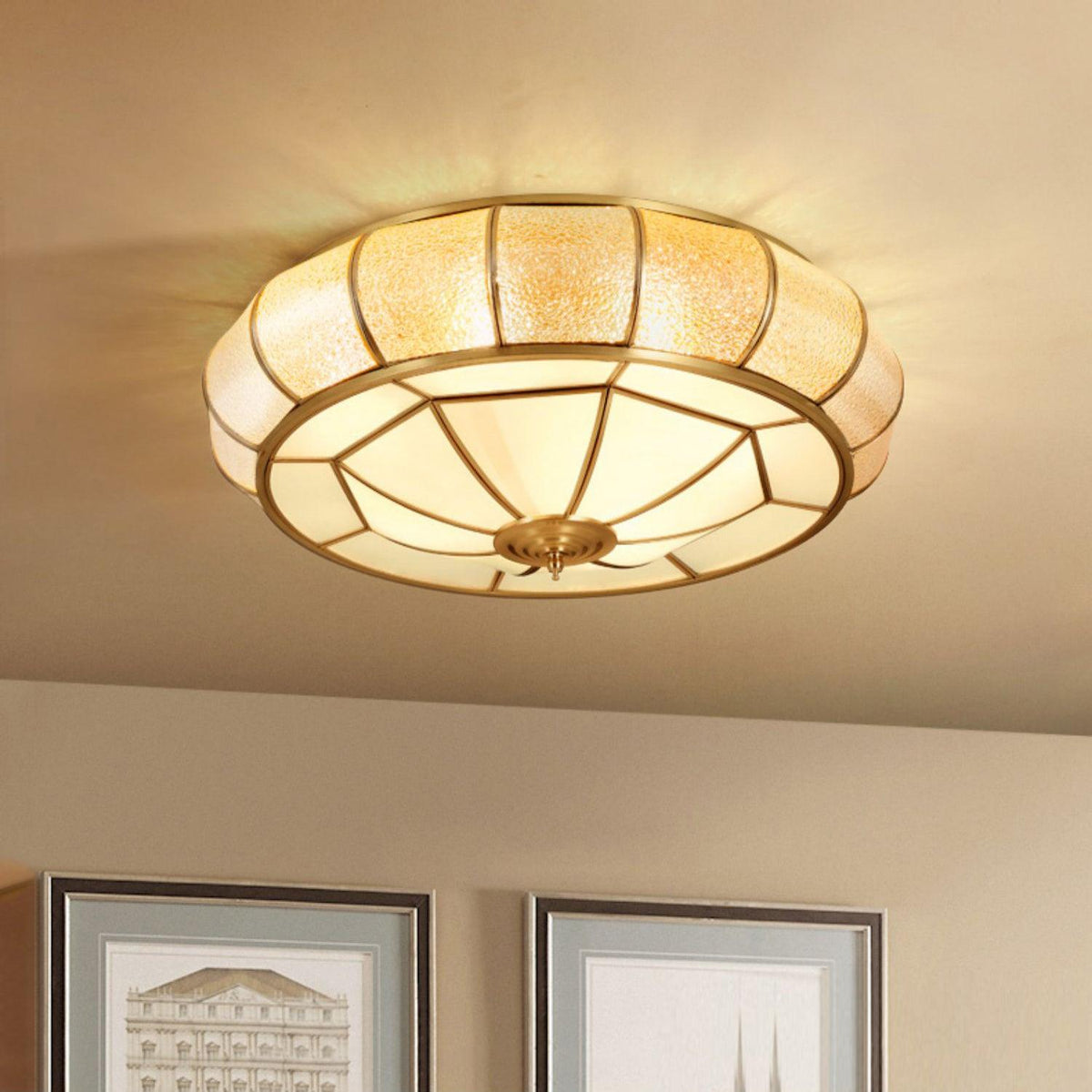 Colonial Glass Drum Flush Mount Ceiling Light in Brass
