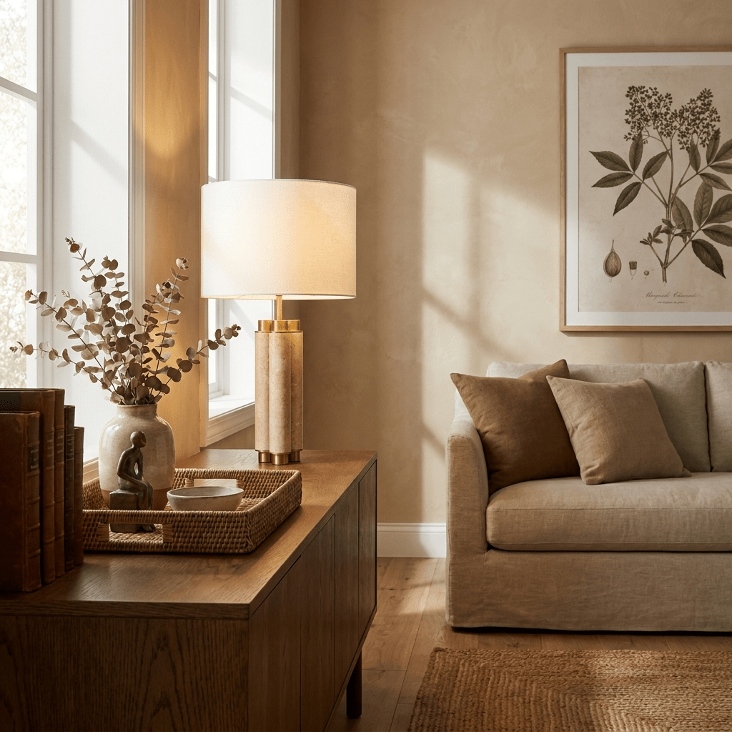 Colonnade Travertine Table Lamp with Brass Accents