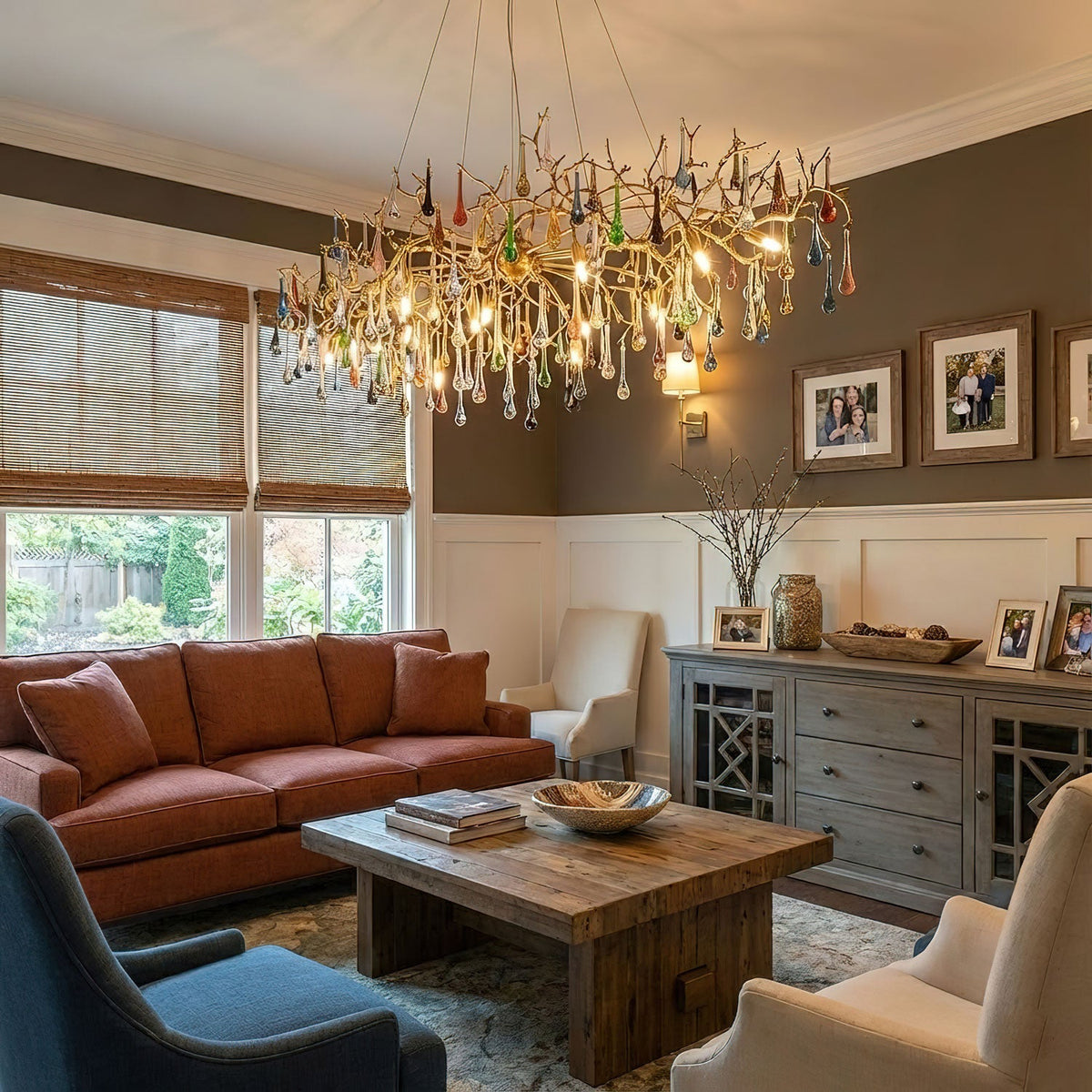 Linear Brass Branch Chandelier with Multicolor Crystal Raindrops