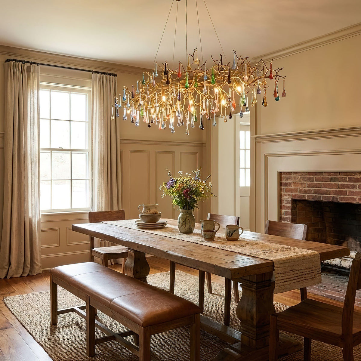 Linear Brass Branch Chandelier with Multicolor Crystal Raindrops