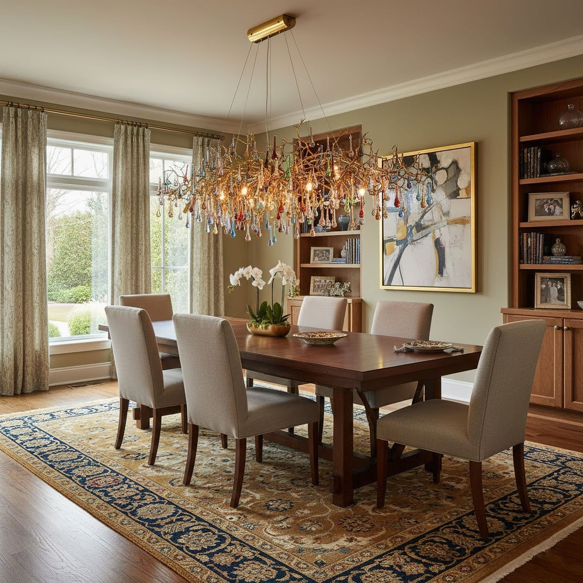 Linear Brass Branch Chandelier with Multicolor Crystal Raindrops