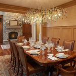 Linear Brass Branch Chandelier with Multicolor Crystal Raindrops