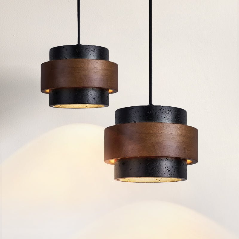 Cosma Ring Pendant Light in Black Travertine and Walnut
