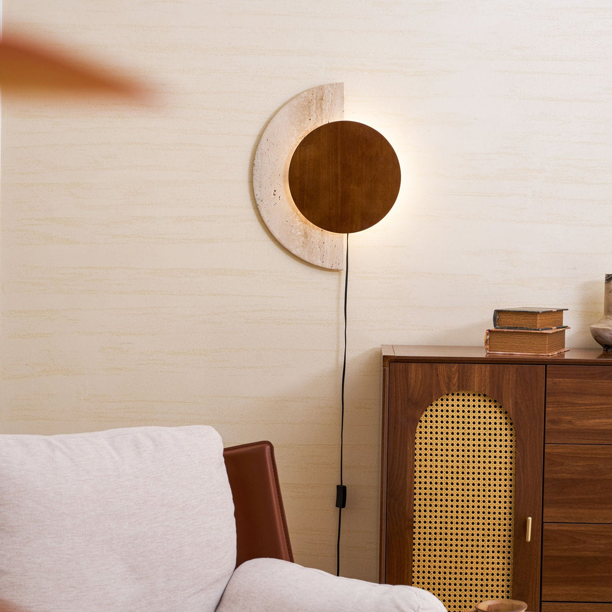 Crescent Halo Plug-In Wall Sconce in Natural Travertine and Wood