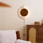 Crescent Halo Plug-In Wall Sconce in Natural Travertine and Wood