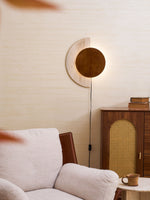 Crescent Halo Plug-In Wall Sconce in Natural Travertine and Wood
