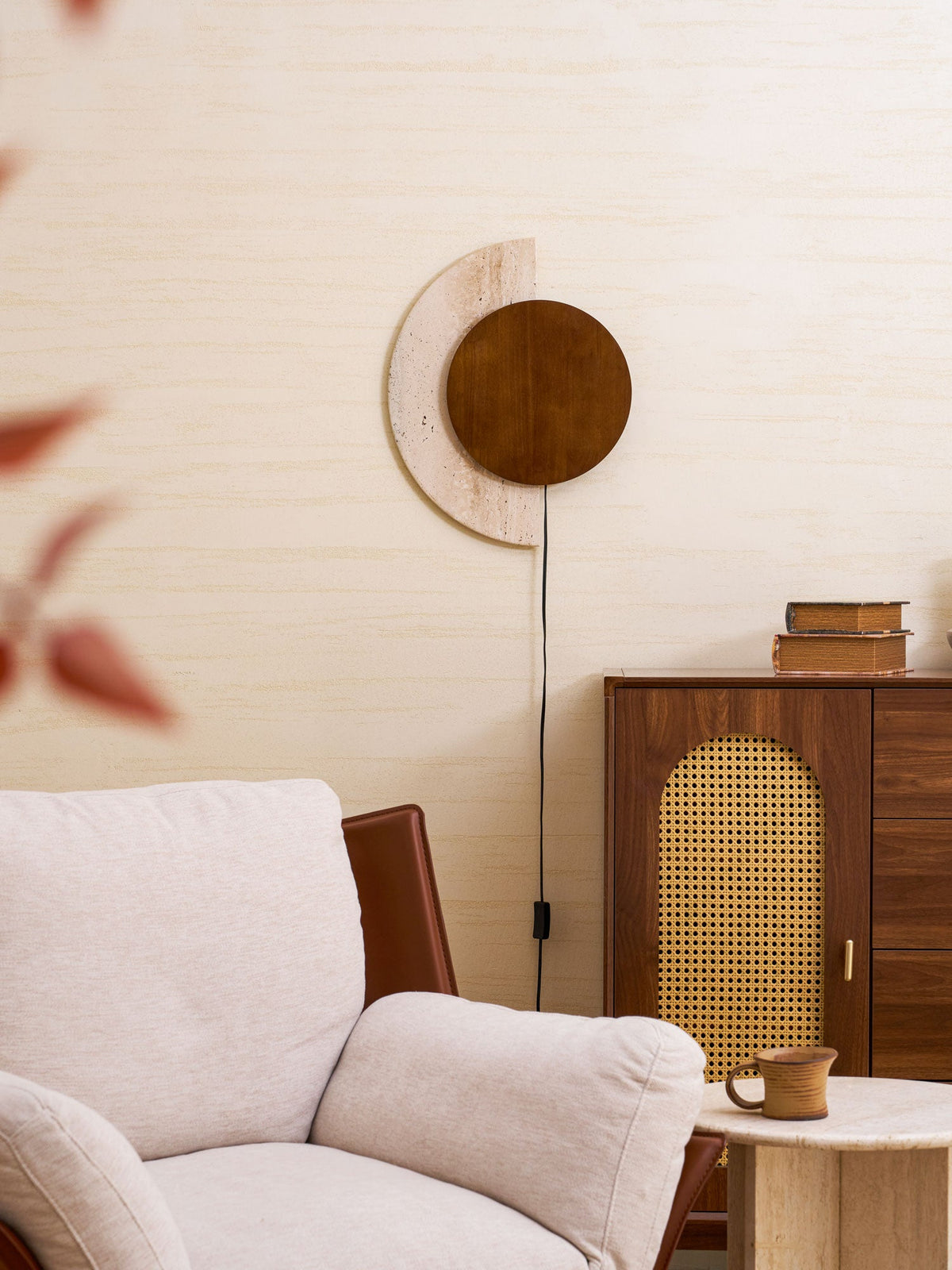 Crescent Halo Plug-In Wall Sconce in Natural Travertine and Wood